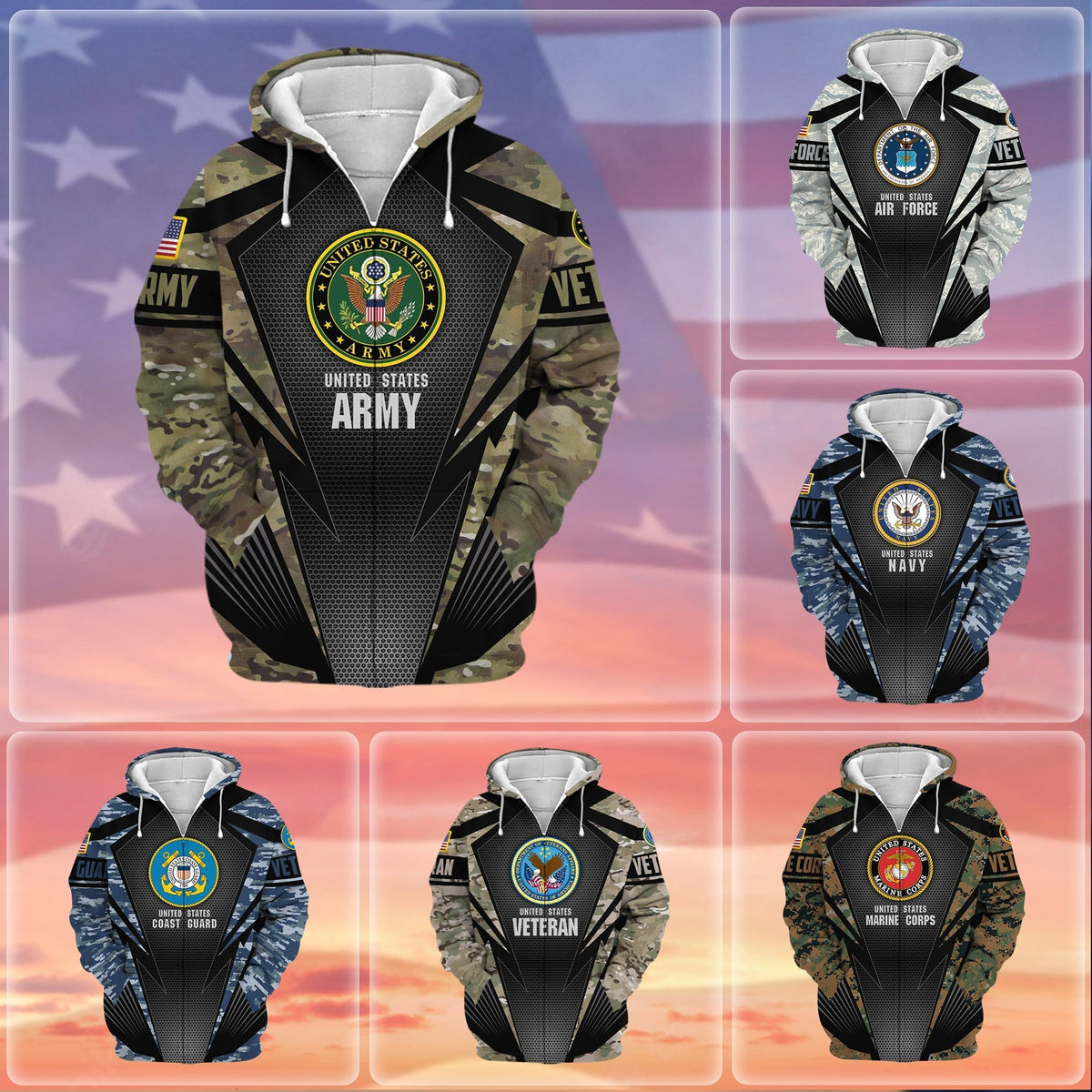 BJ Unique Camo Soldiers Multiservice US Veteran Zip Hoodie
