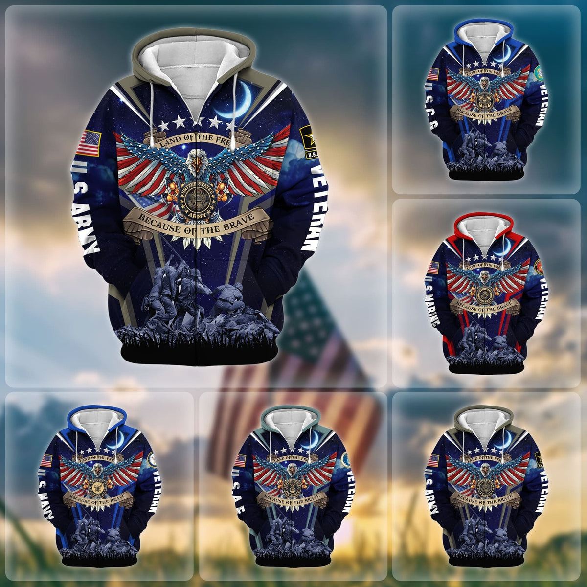 BJ Premium Land Of The Free US Veteran Zip Hoodie