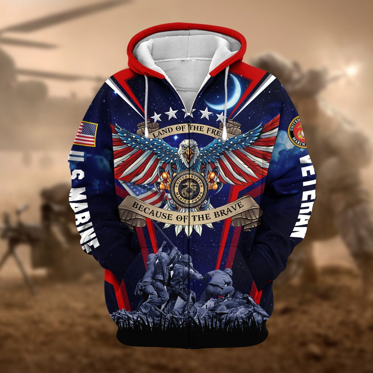 BJ Premium Land Of The Free US Veteran Zip Hoodie