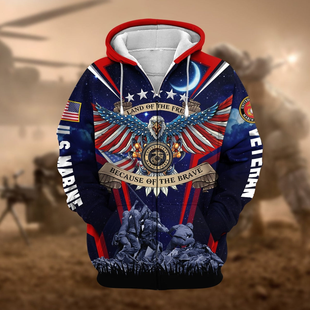 BJ Premium Land Of The Free US Veteran Zip Hoodie