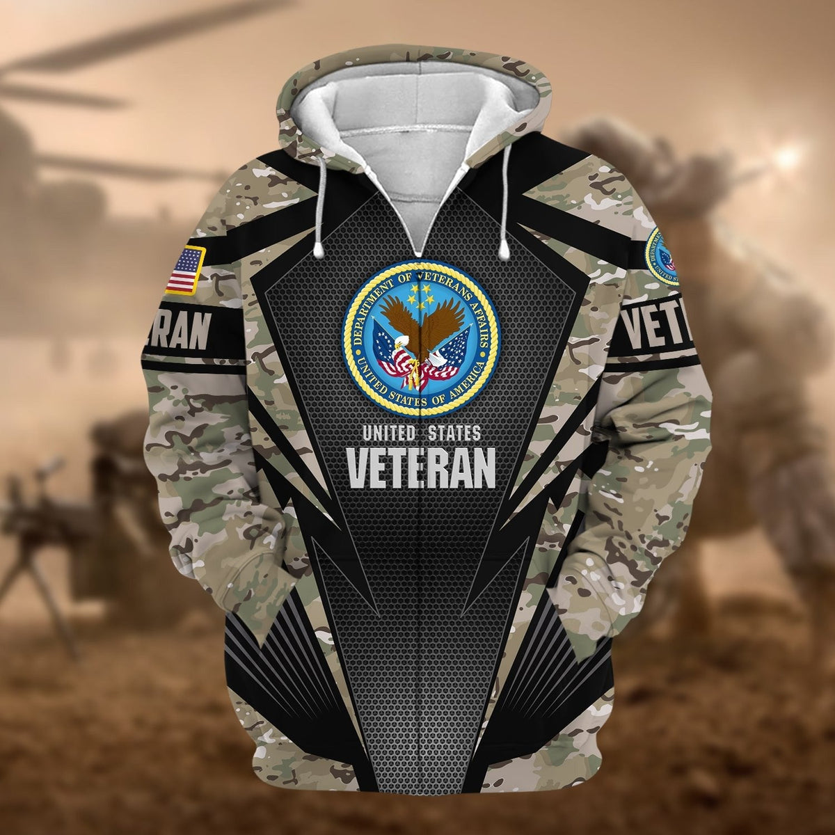 BJ Unique Camo Soldiers Multiservice US Veteran Zip Hoodie