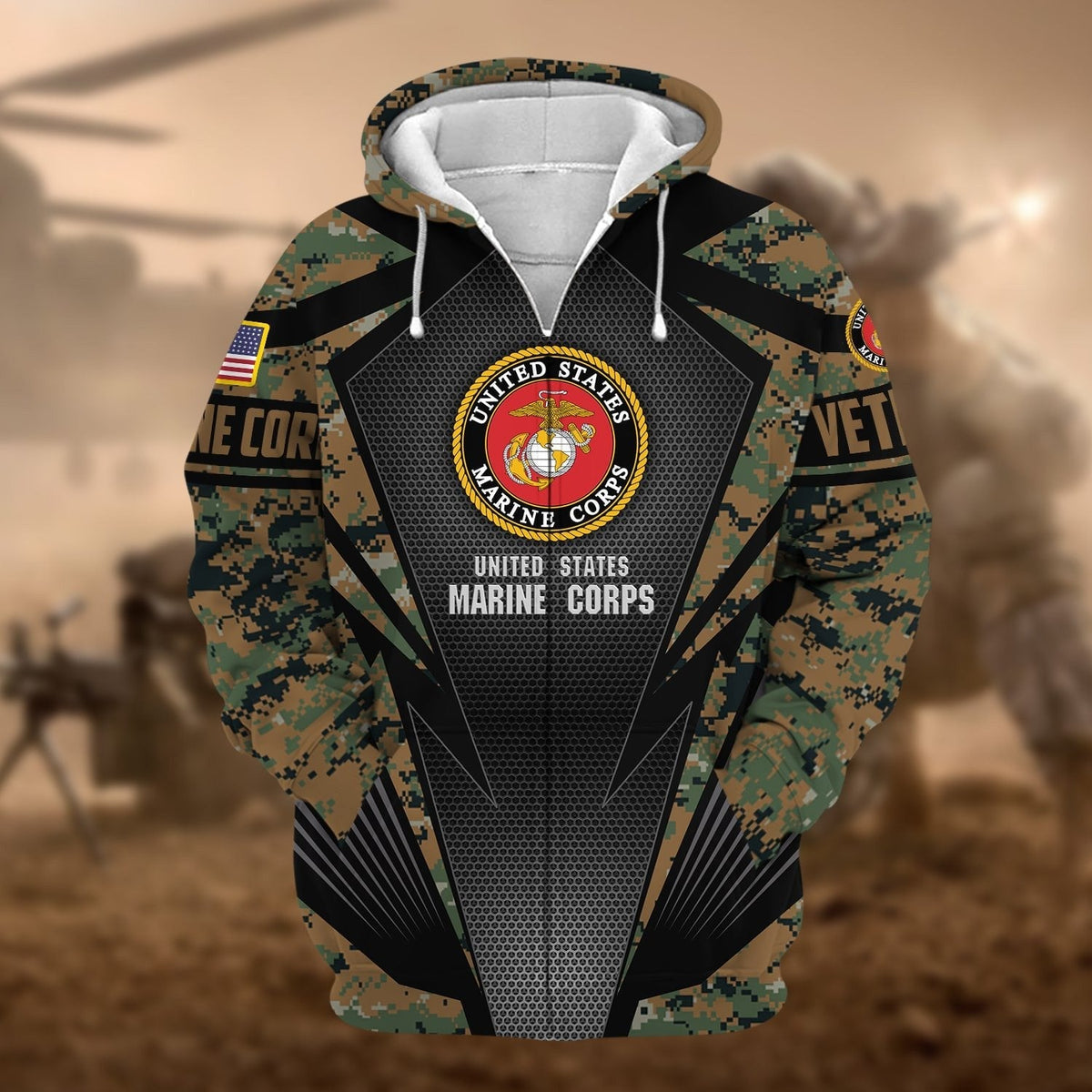 BJ Unique Camo Soldiers Multiservice US Veteran Zip Hoodie