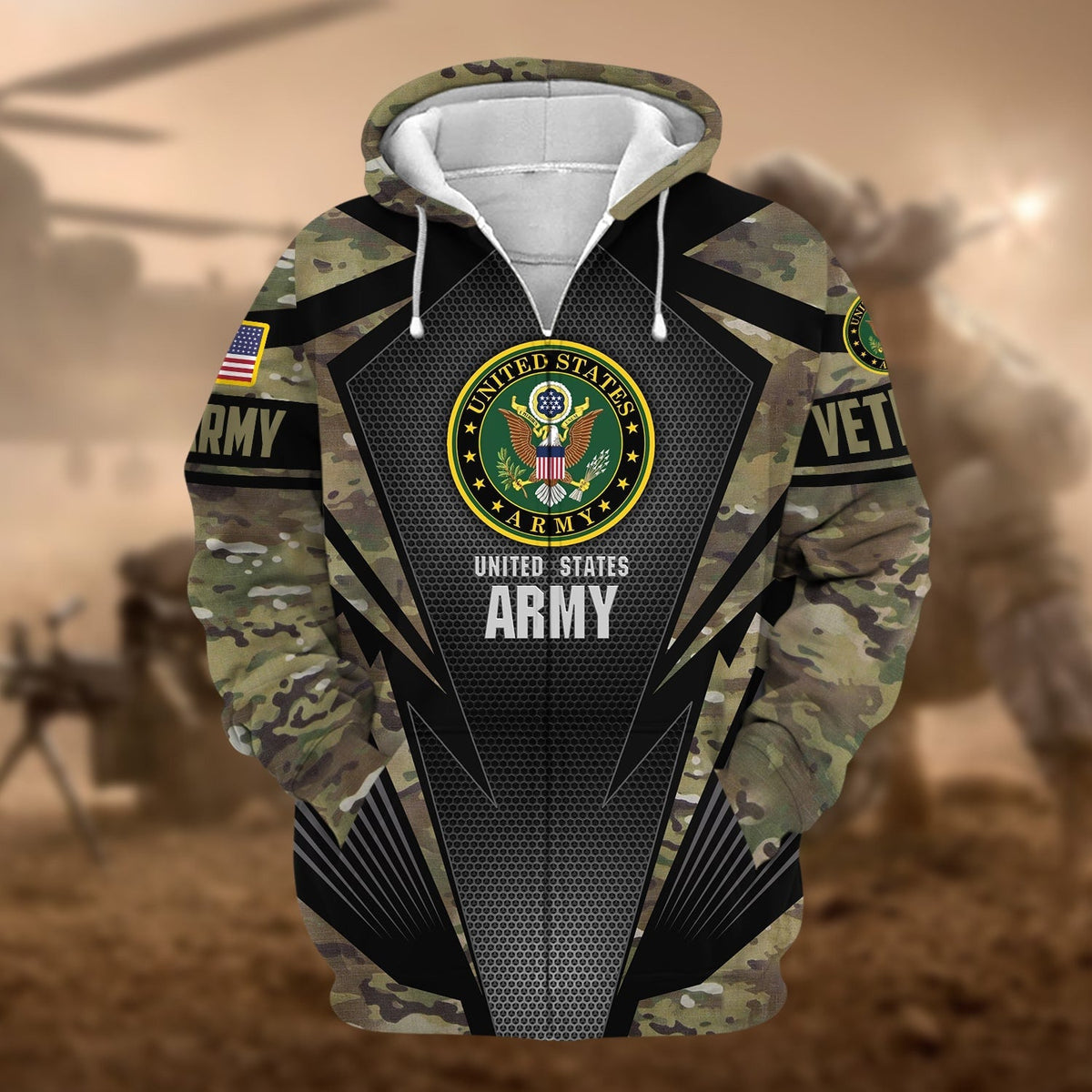 BJ Unique Camo Soldiers Multiservice US Veteran Zip Hoodie