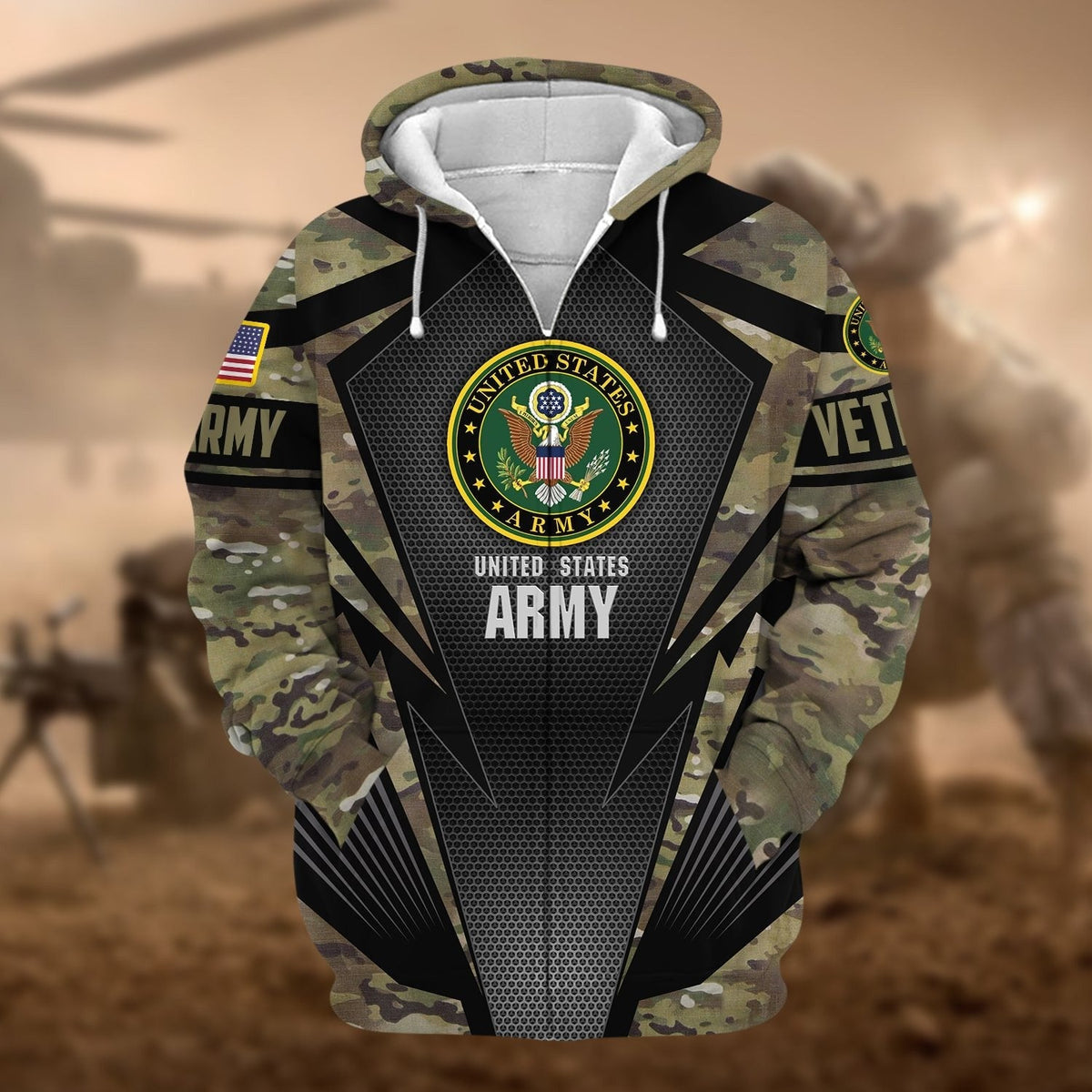 BJ Unique Camo Soldiers Multiservice US Veteran Zip Hoodie