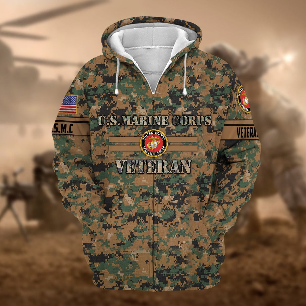 BJ Unique Camo Soldiers US Veteran Zip Hoodie
