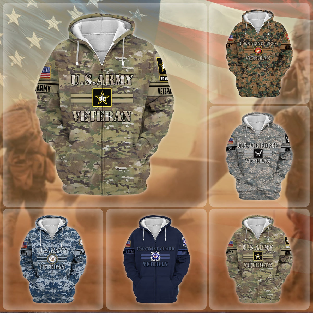 BJ Unique Camo Soldiers US Veteran Zip Hoodie