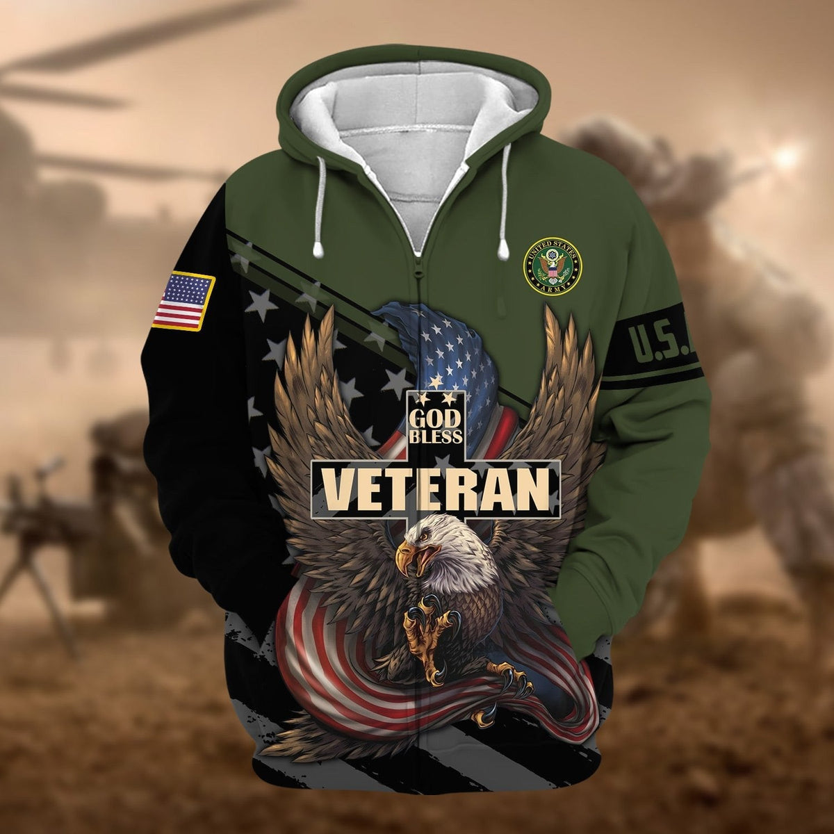 BJ Premium God Bless US Veteran Zip Hoodie