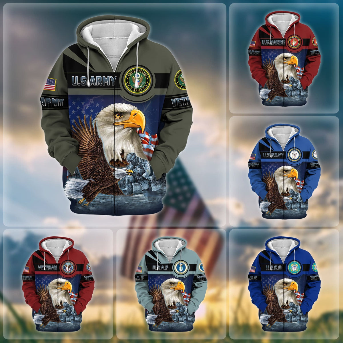 BJ Unique US Veteran Eagle Zip Hoodie