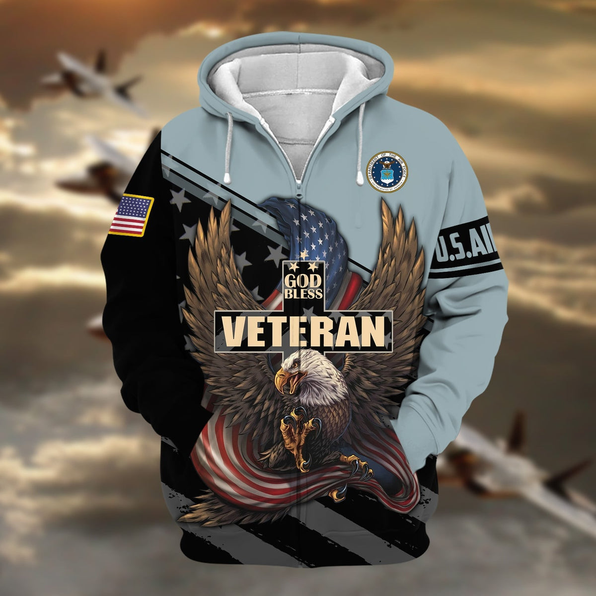 BJ Premium God Bless US Veteran Zip Hoodie