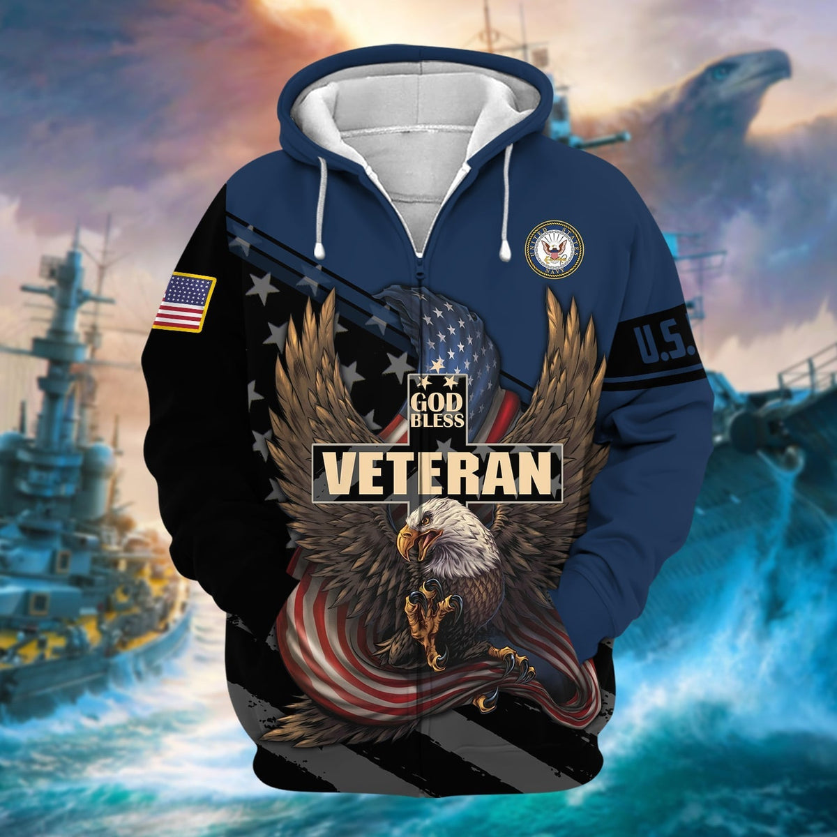 BJ Premium God Bless US Veteran Zip Hoodie