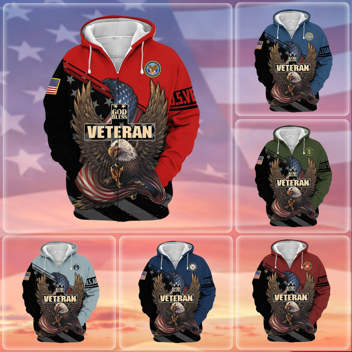 BJ Premium God Bless US Veteran Zip Hoodie
