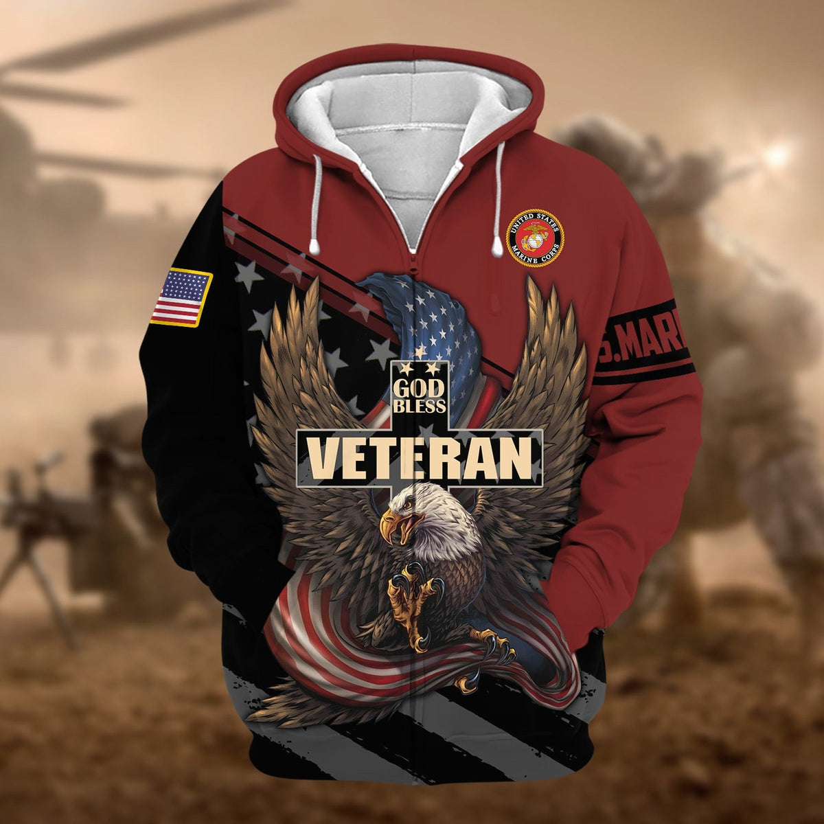 BJ Premium God Bless US Veteran Zip Hoodie