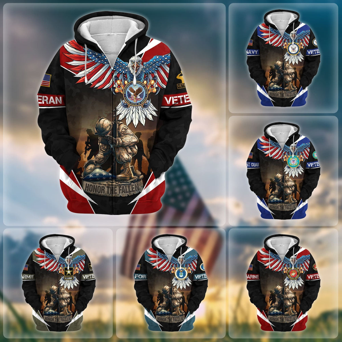 BJ Premium Honor The Fallen US Veteran Zip Hoodie