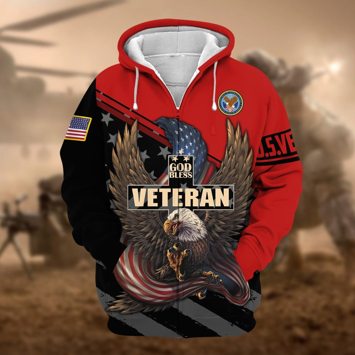 BJ Premium God Bless US Veteran Zip Hoodie