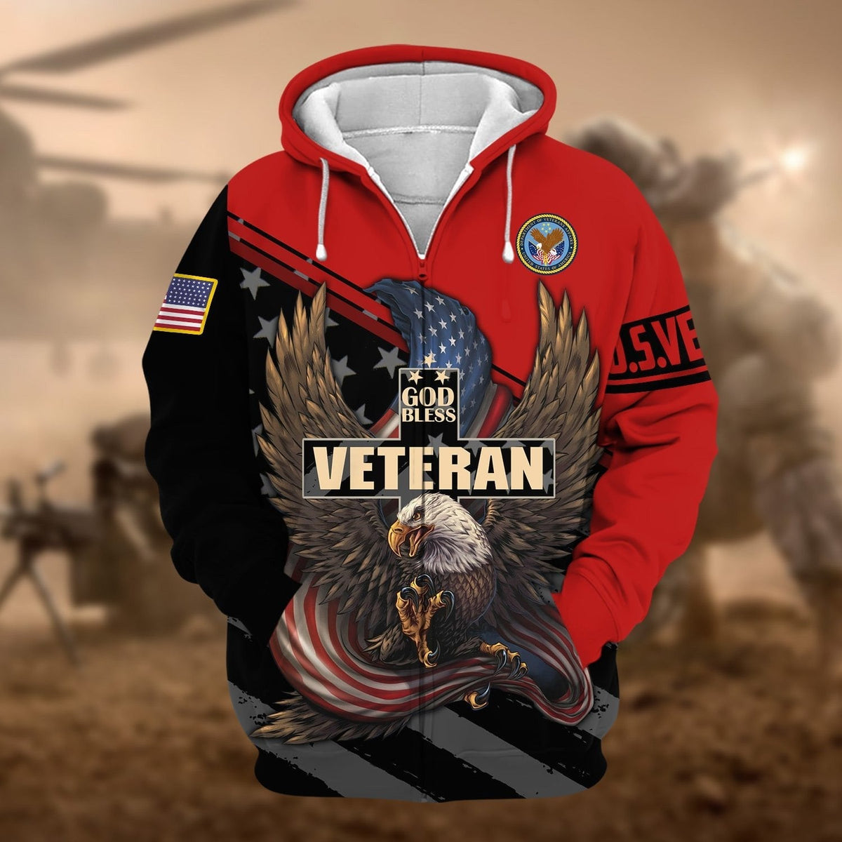 BJ Premium God Bless US Veteran Zip Hoodie
