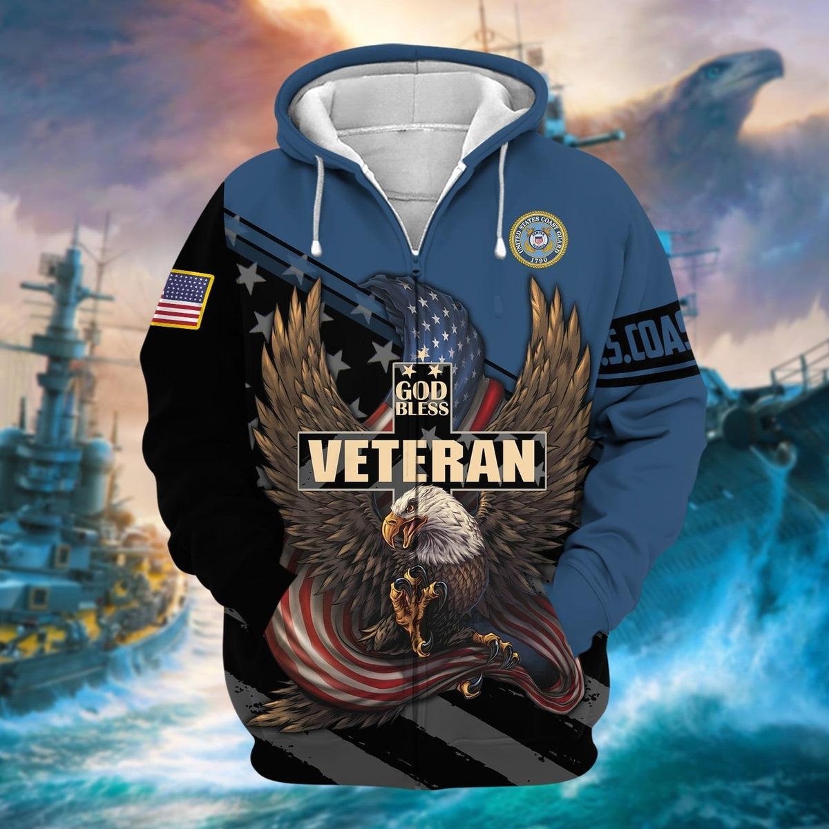 BJ Premium God Bless US Veteran Zip Hoodie