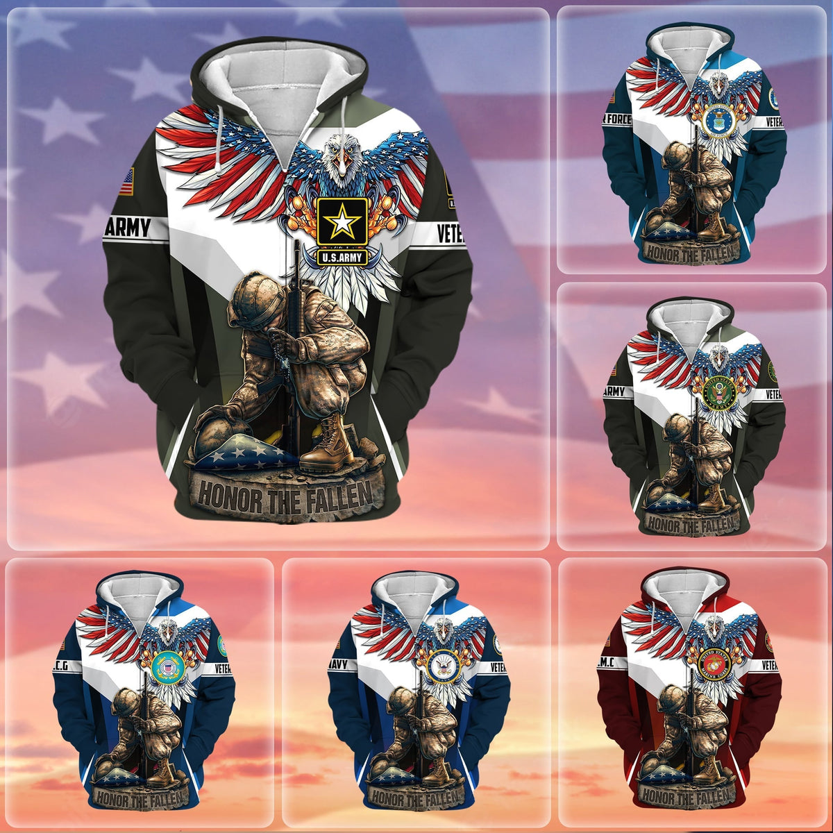 BJ Premium Honor The Fallen US Veteran Zip Hoodie
