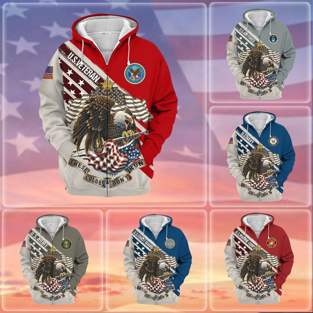 BJ Premium These Colors Don't Run US Veteran Zip Hoodie