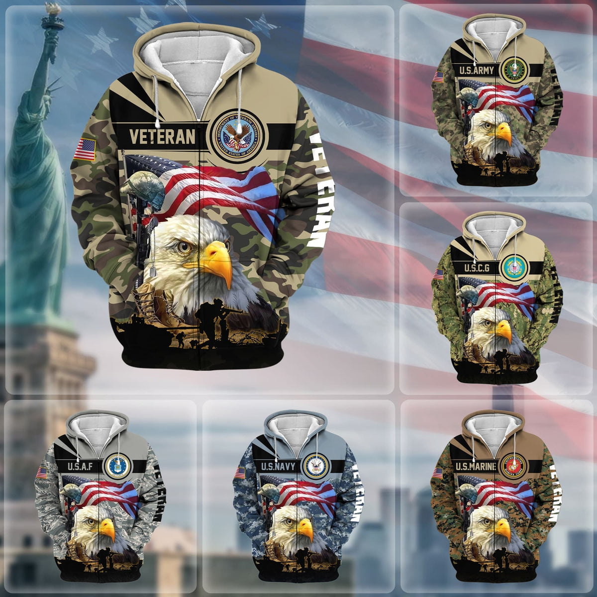 BJ Premium Honoring All Who Served US Veteran Zip Hoodie