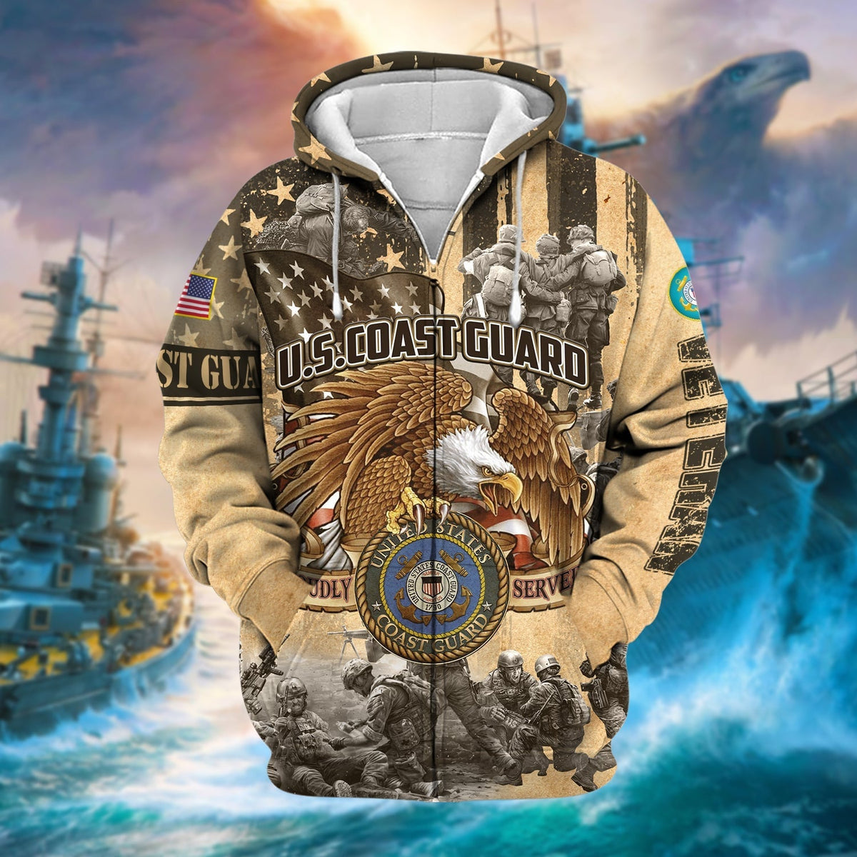 BJ Premium Proudly Served Multiservice US Veteran Zip Hoodie