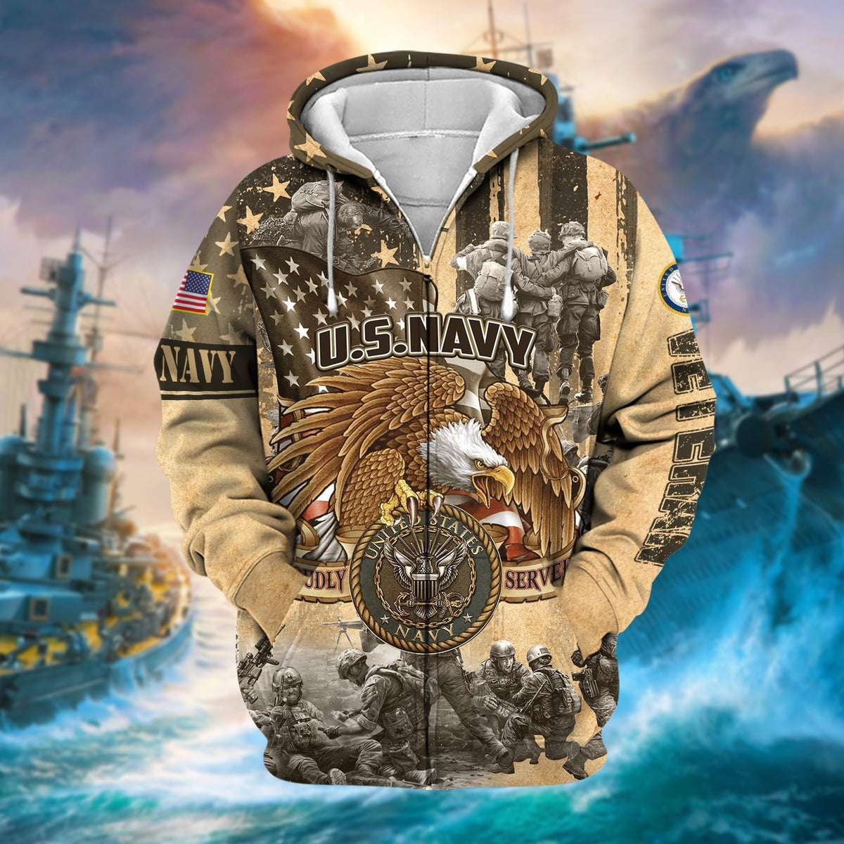 BJ Premium Proudly Served Multiservice US Veteran Zip Hoodie