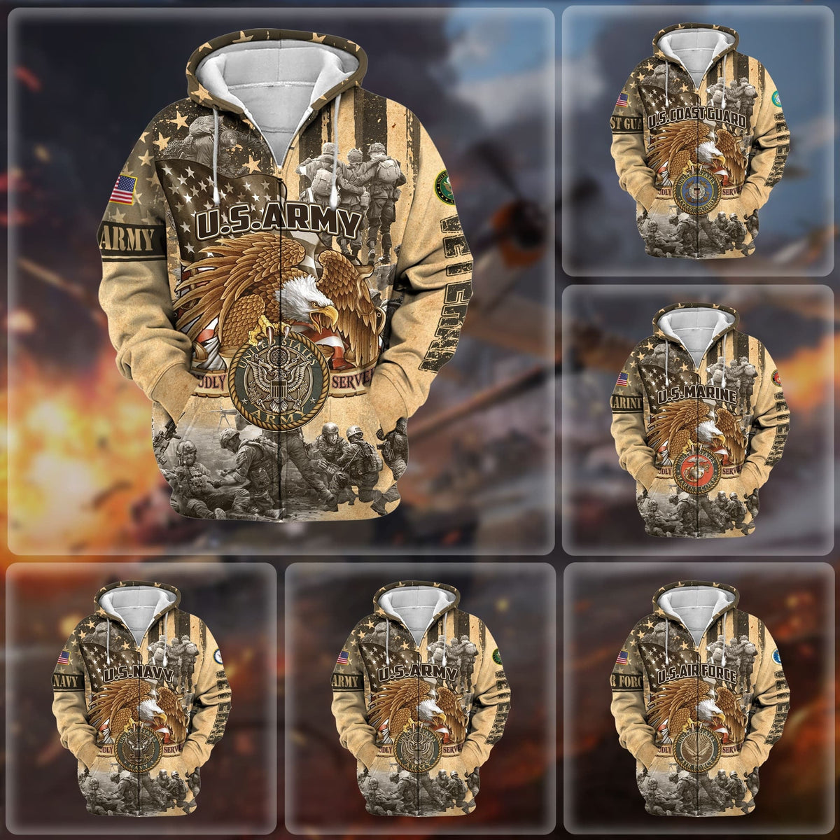 BJ Premium Proudly Served Multiservice US Veteran Zip Hoodie