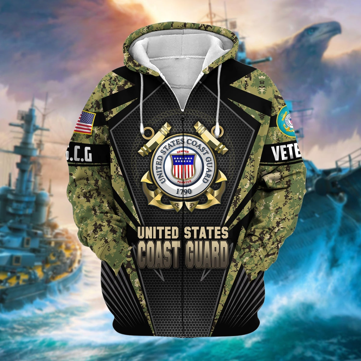 BJ Unique Camo Soldiers US Veteran Zip Hoodie