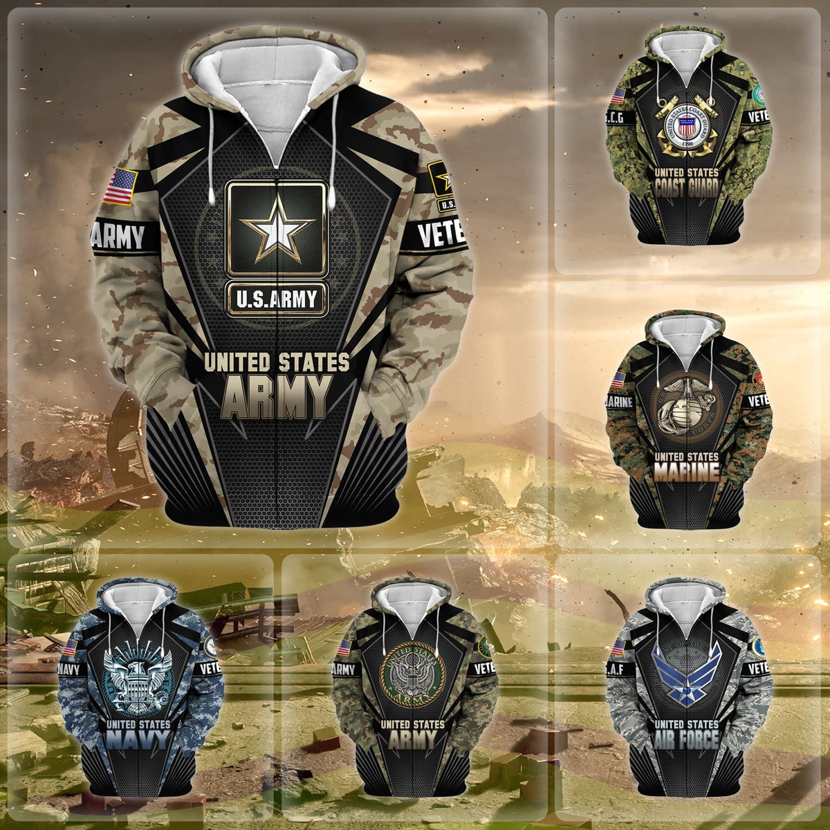 BJ Unique Camo Soldiers US Veteran Zip Hoodie