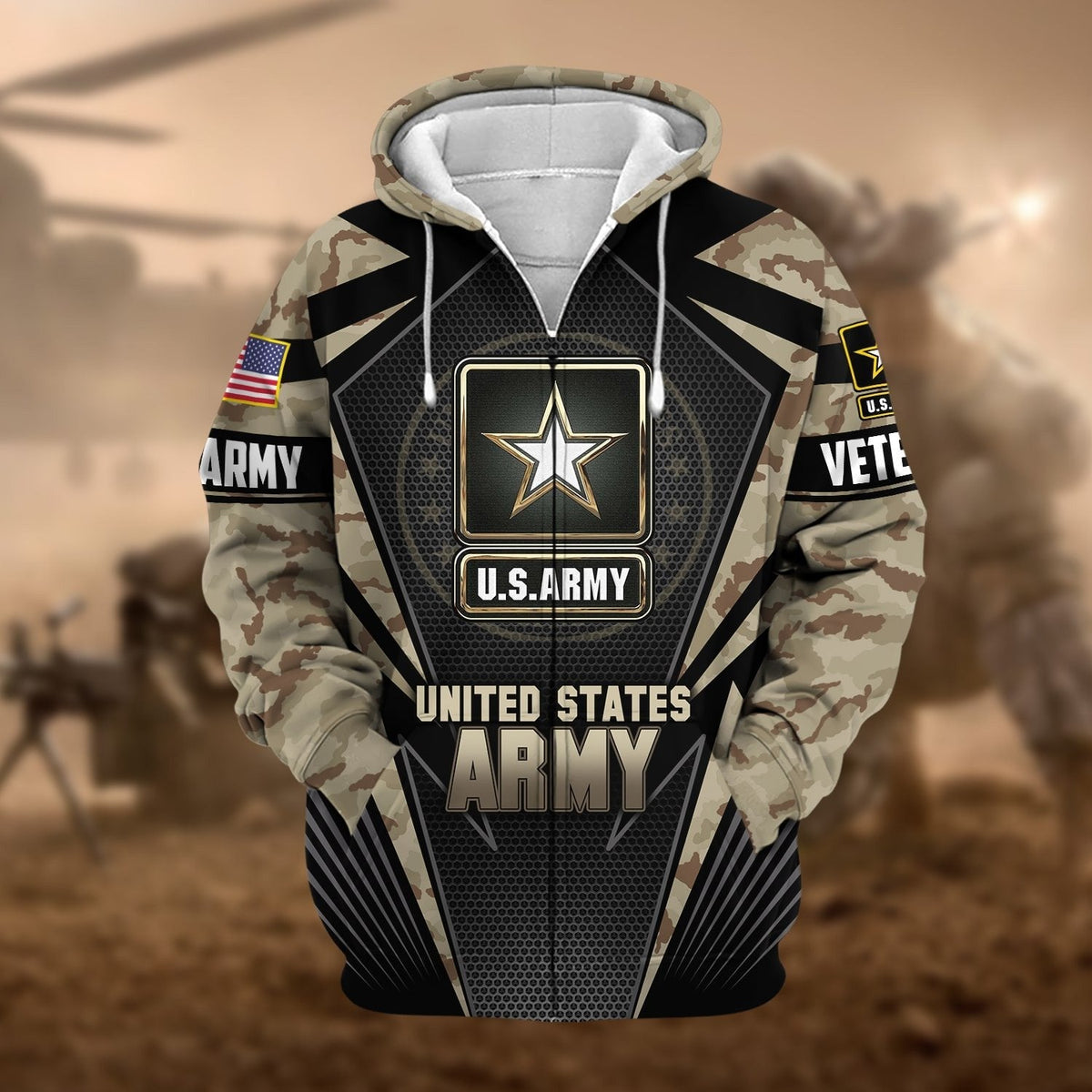 BJ Unique Camo Soldiers US Veteran Zip Hoodie