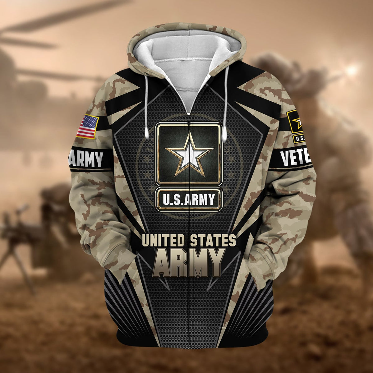 BJ Unique Camo Soldiers US Veteran Zip Hoodie