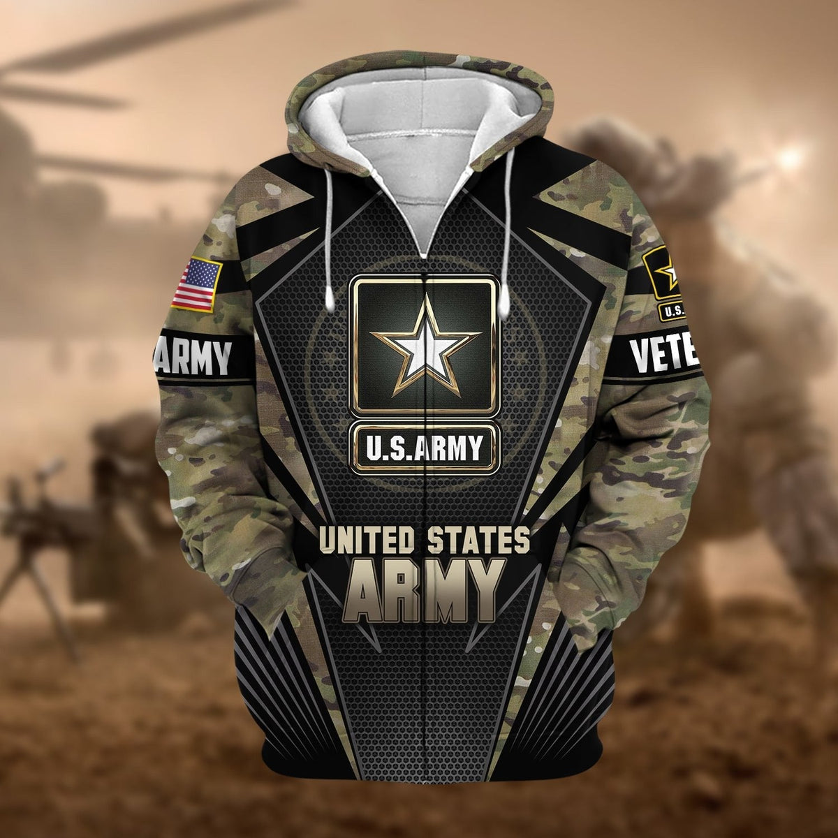 BJ Unique Camo Soldiers US Veteran Zip Hoodie