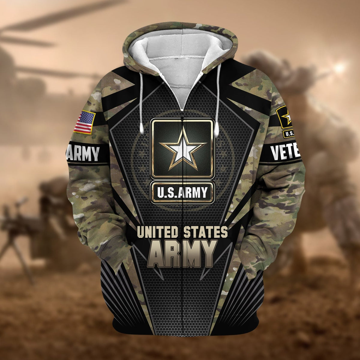 BJ Unique Camo Soldiers US Veteran Zip Hoodie