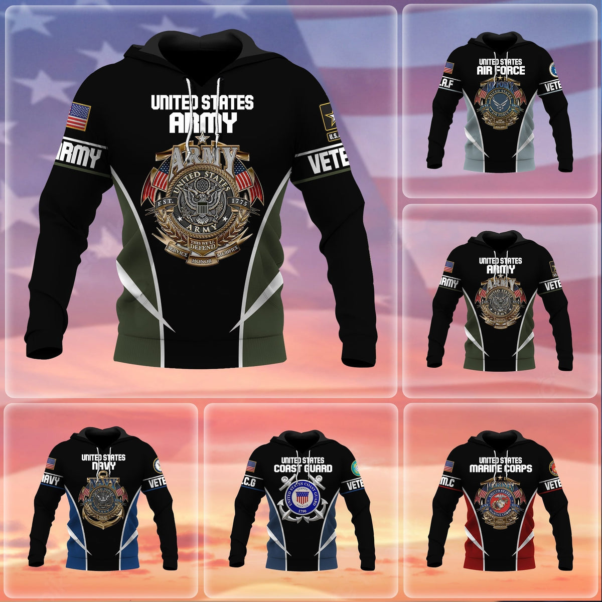BJ Premium Multiple US Military Services Veteran Hoodie