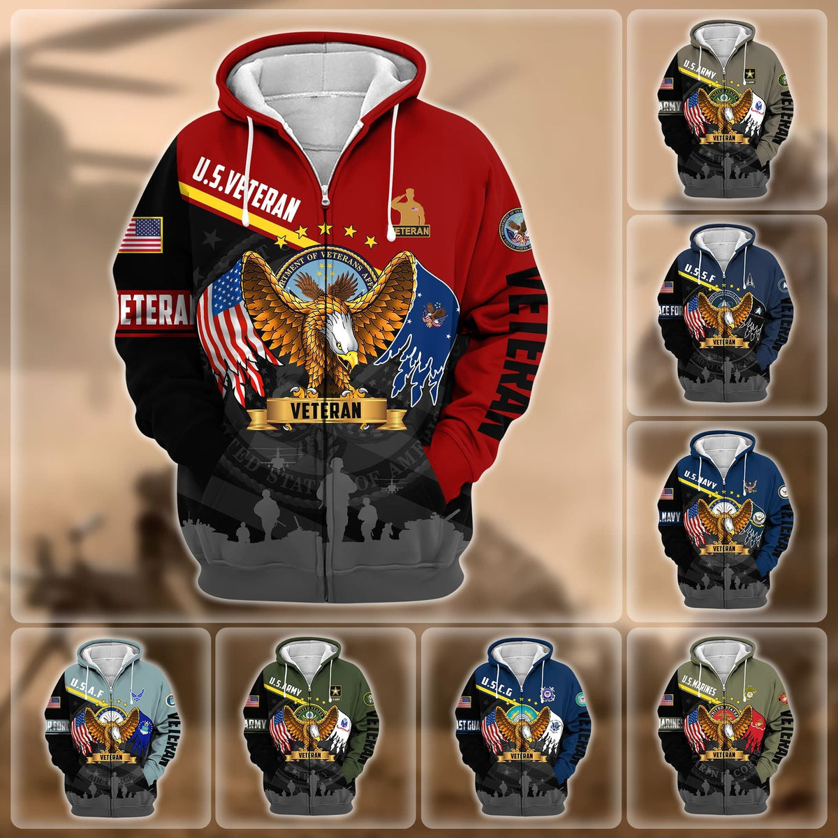 BJ Premium Proudly Served US Veteran Zip Hoodie