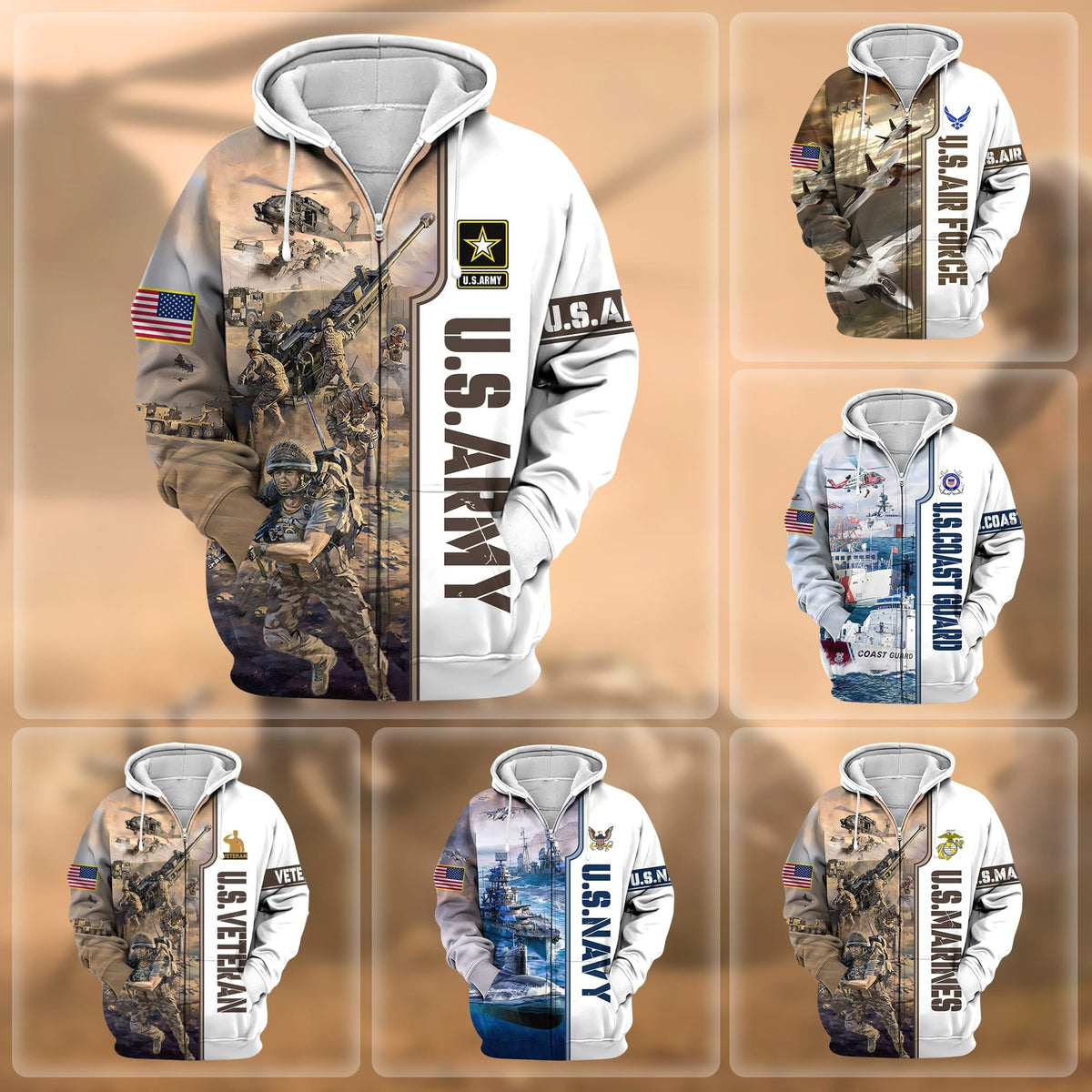 BJ Premium Honoring All Who Served US Veteran Zip Hoodie