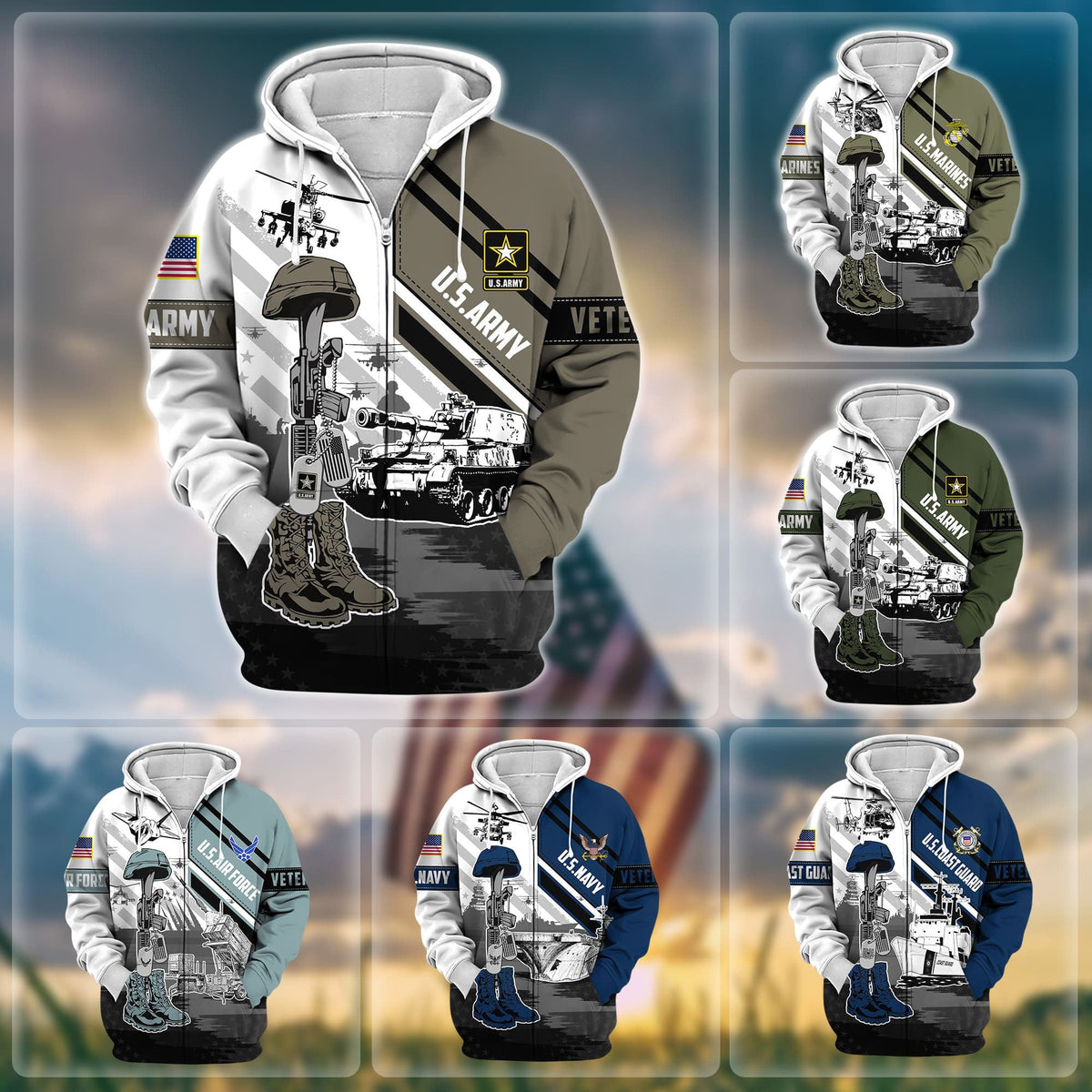 BJ Premium Honoring All Who Served US Veteran Zip Hoodie