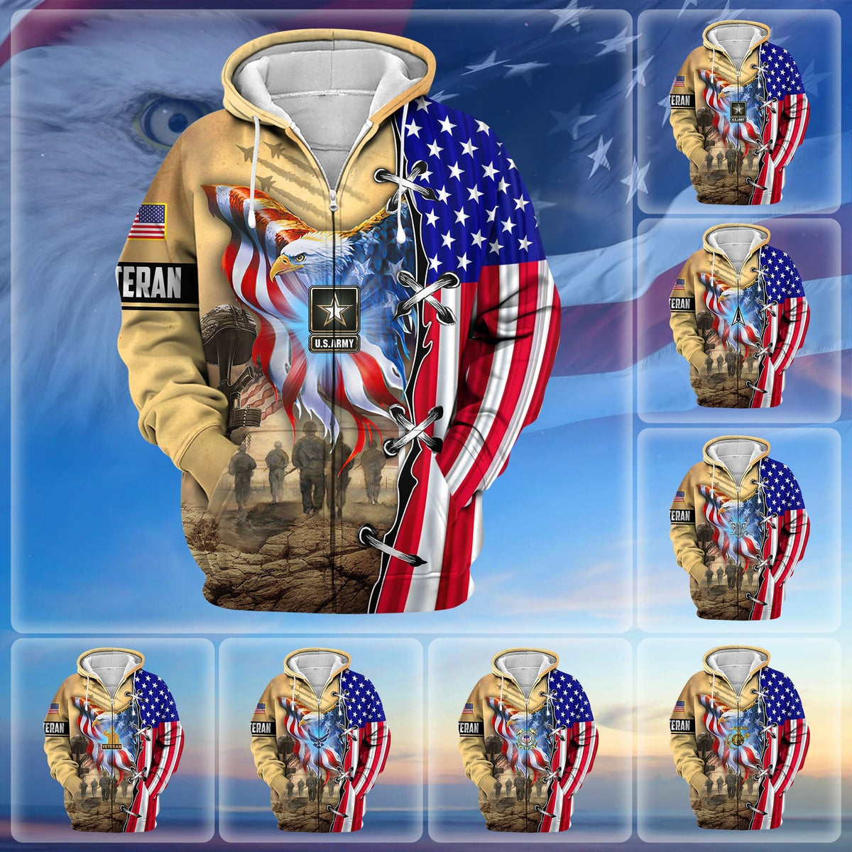 BJ Premium Honoring All Who Served US Veteran Zip Hoodie