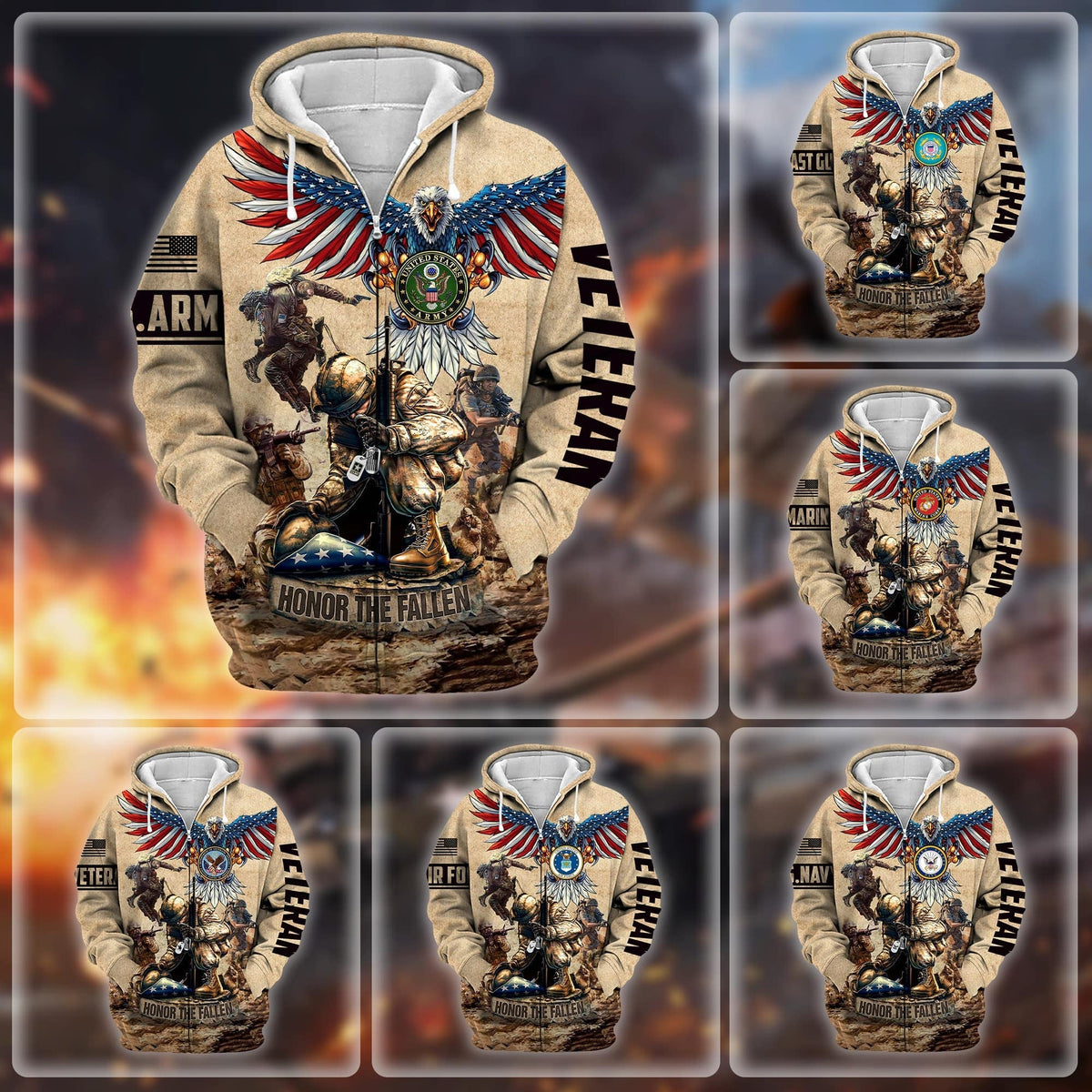 BJ Premium Honoring All Who Served US Veteran Zip Hoodie