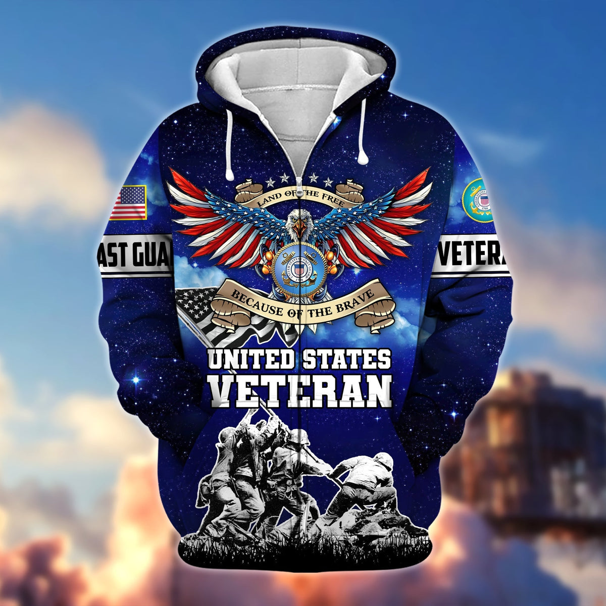 BJ Premium Land Of The Free Because Of The Brave US Veteran Zip Hoodie