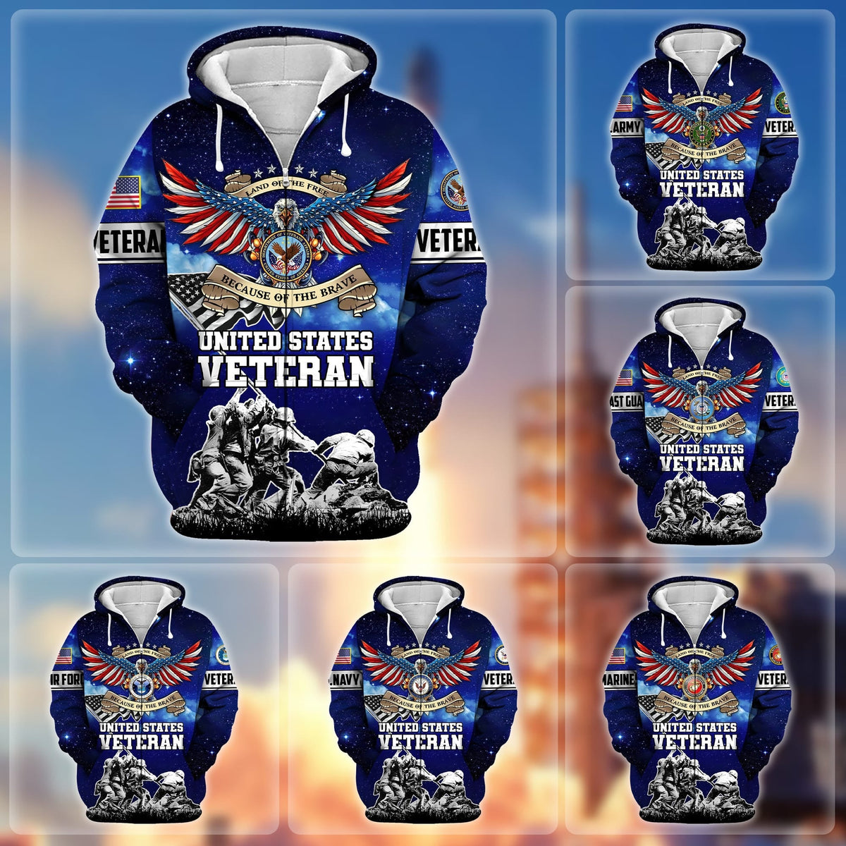 BJ Premium Land Of The Free Because Of The Brave US Veteran Zip Hoodie