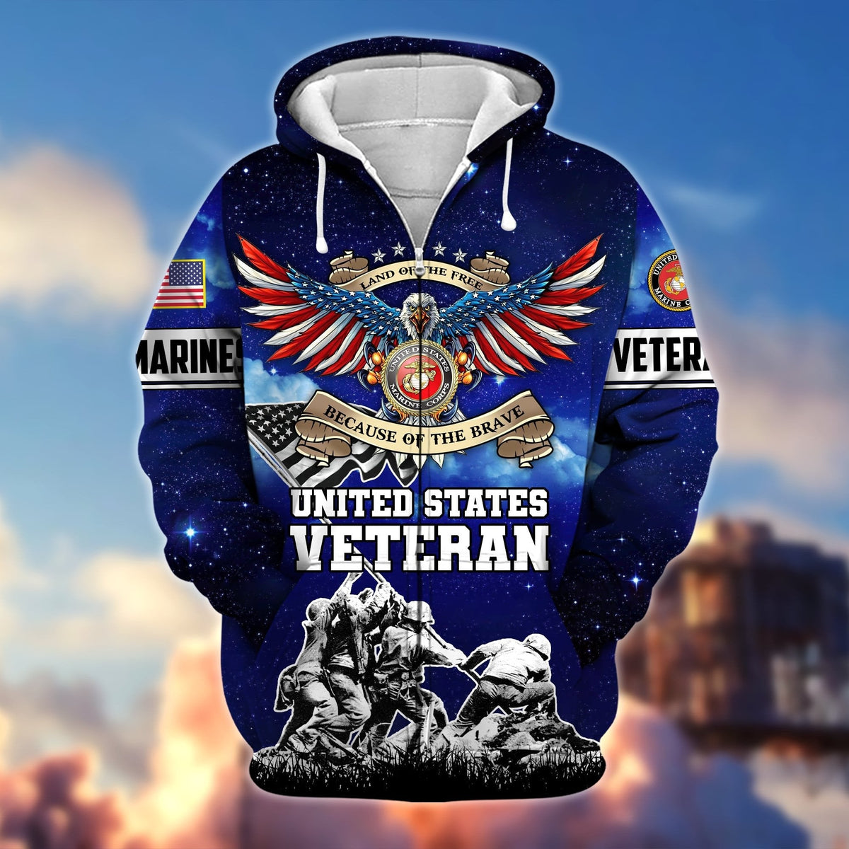 BJ Premium Land Of The Free Because Of The Brave US Veteran Zip Hoodie