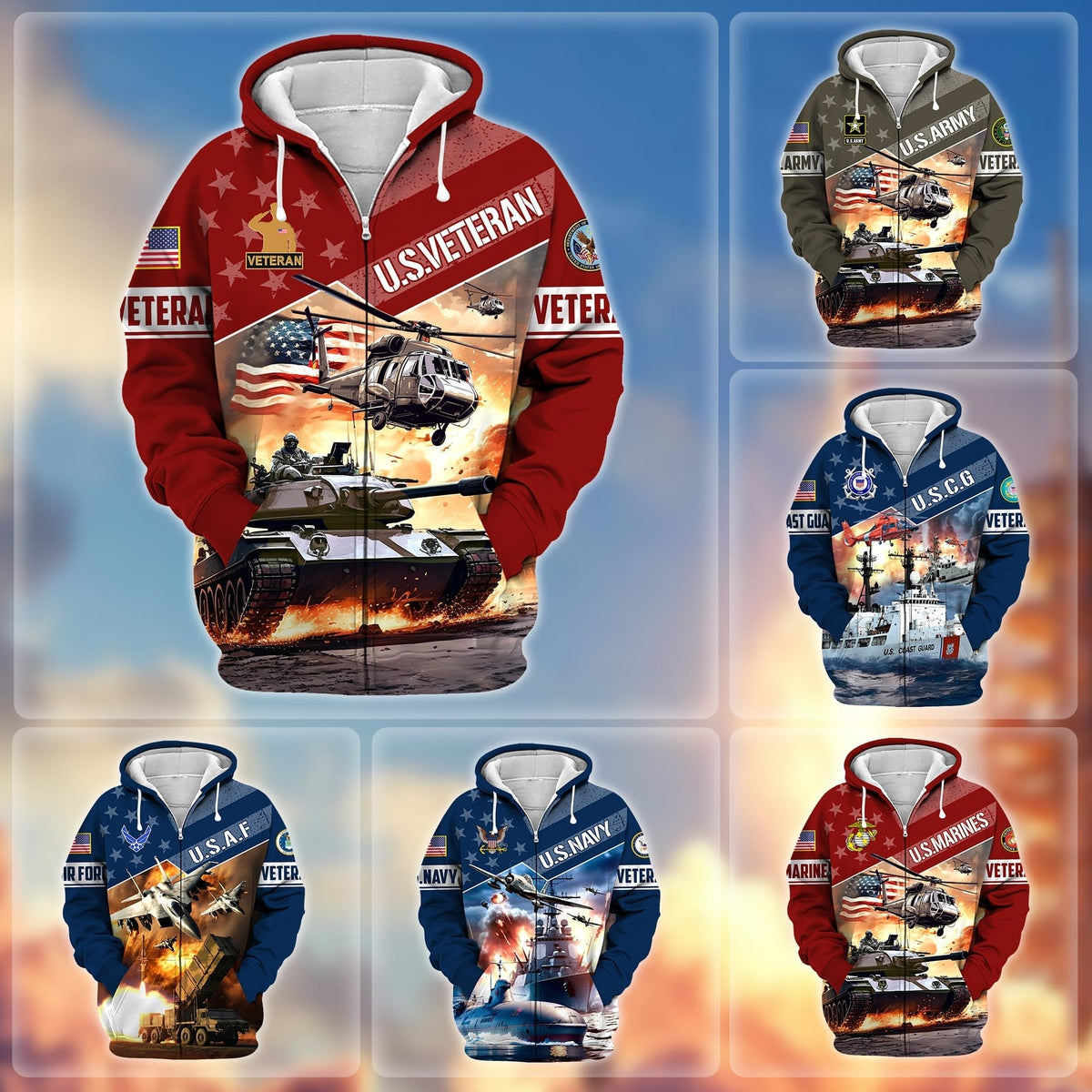 BJ Premium Multiple Military Services US Veteran Zip Hoodie