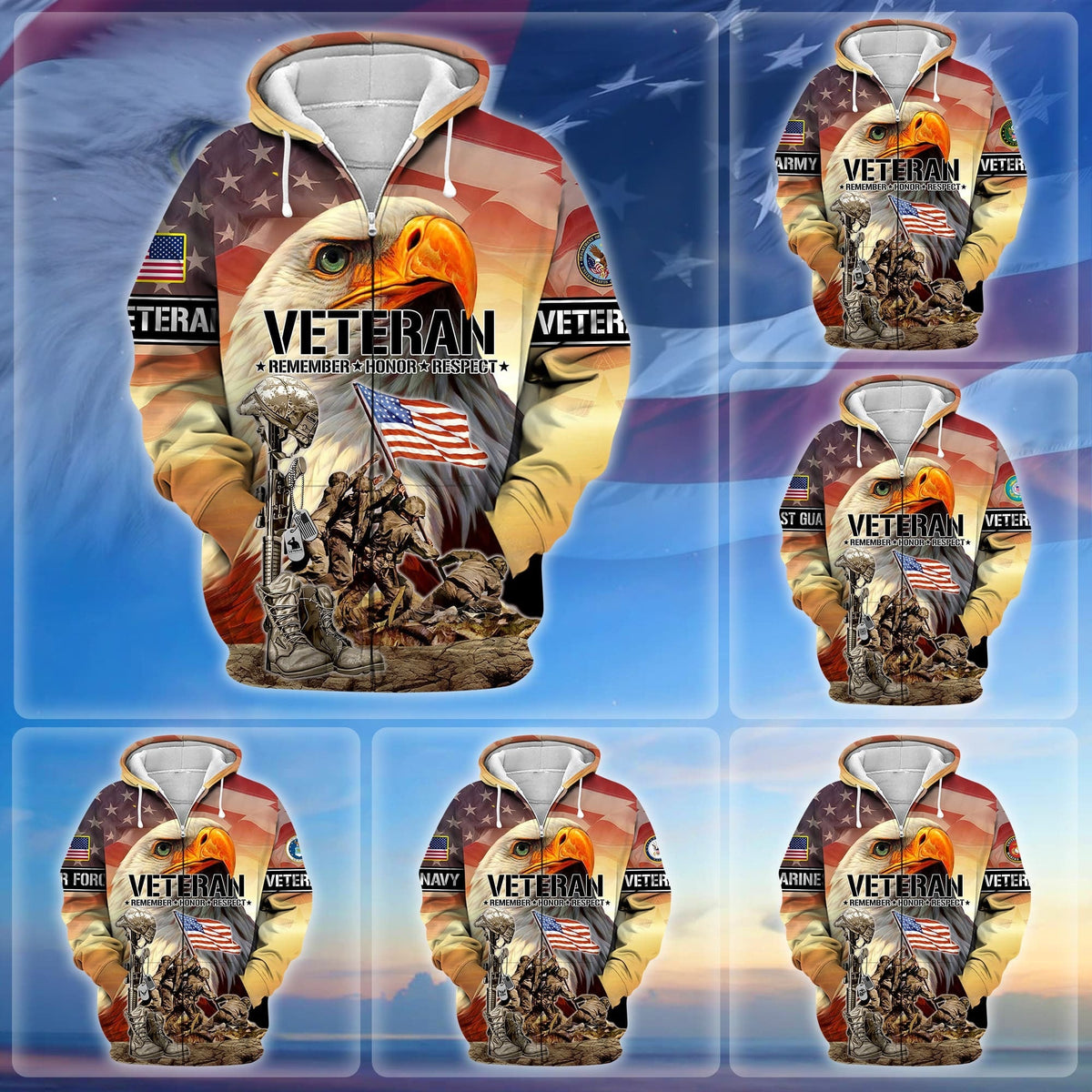 BJ Premium Honoring All Who Served US Veteran Zip Hoodie