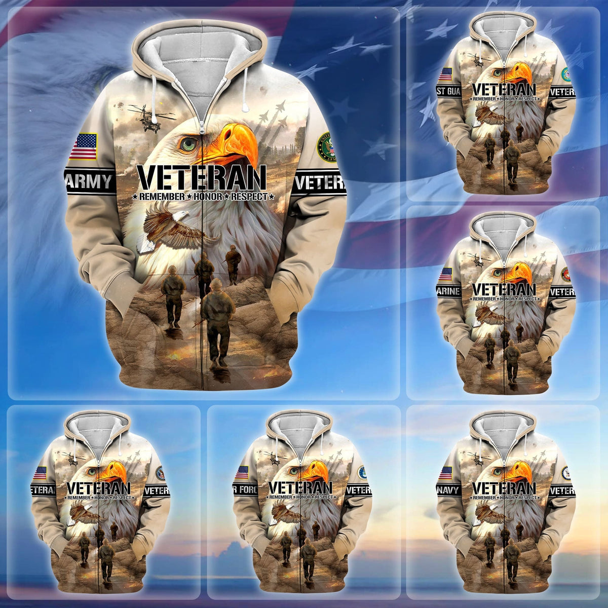 BJ Premium US Veteran Remember - Honor - Respect Zip Hoodie