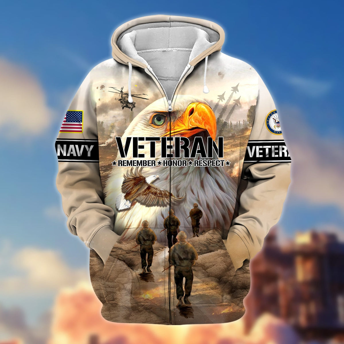 BJ Premium US Veteran Remember - Honor - Respect Zip Hoodie