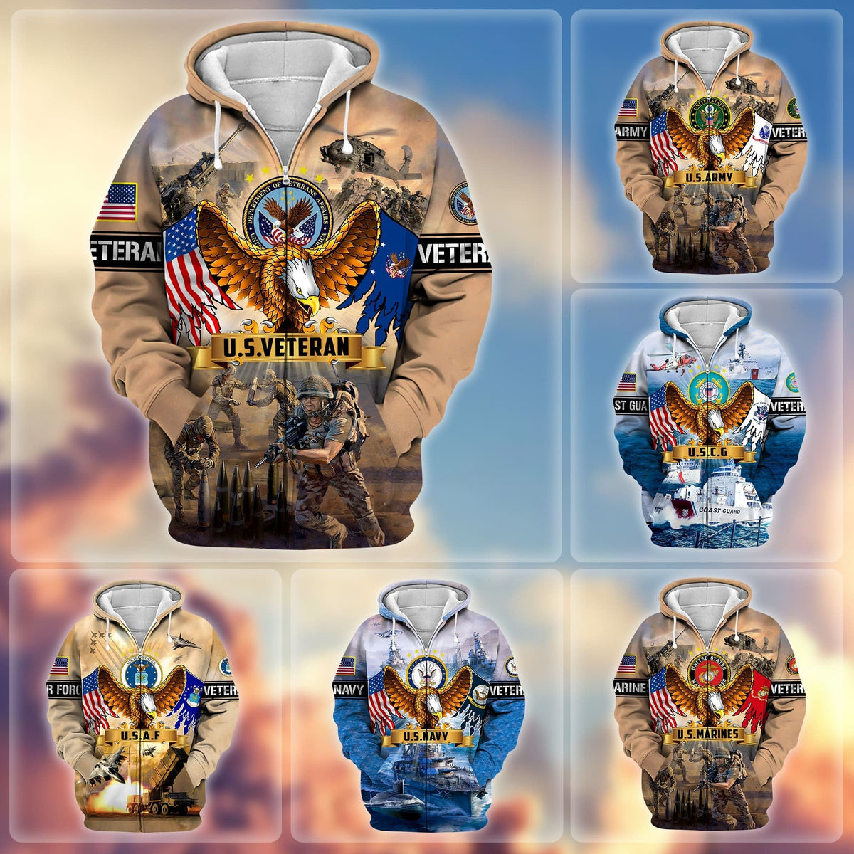BJ Premium Land Of The Free US Veteran Zip Hoodie