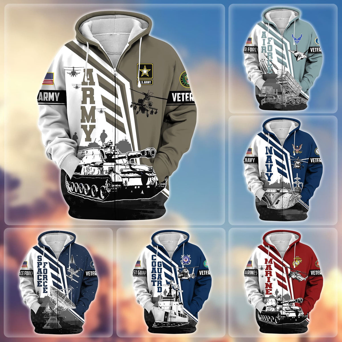 BJ Premium Honoring All Who Served US Veteran Zip Hoodie