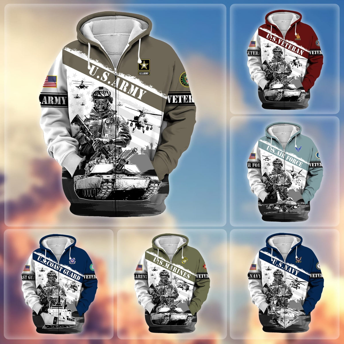 BJ Premium Honoring All Who Served US Veteran Zip Hoodie