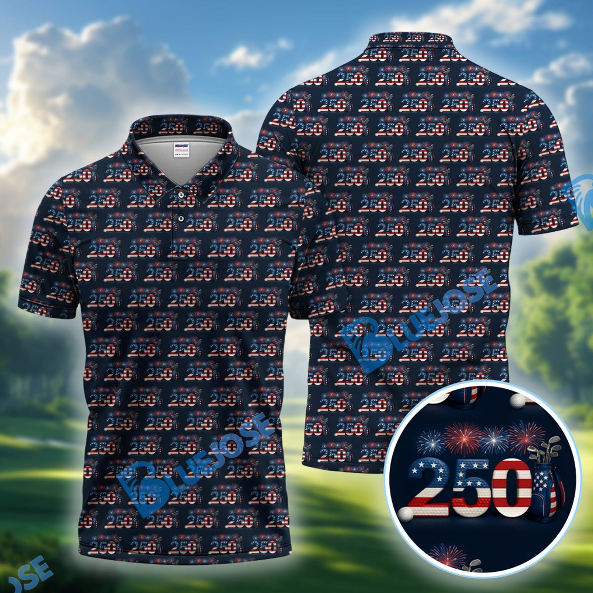 BlueJose 250 USA Birthday Patriotic Golf Polos, Patriotic 250 USA Birthday Golf Shirt For Men, Golf Gift For Golfer