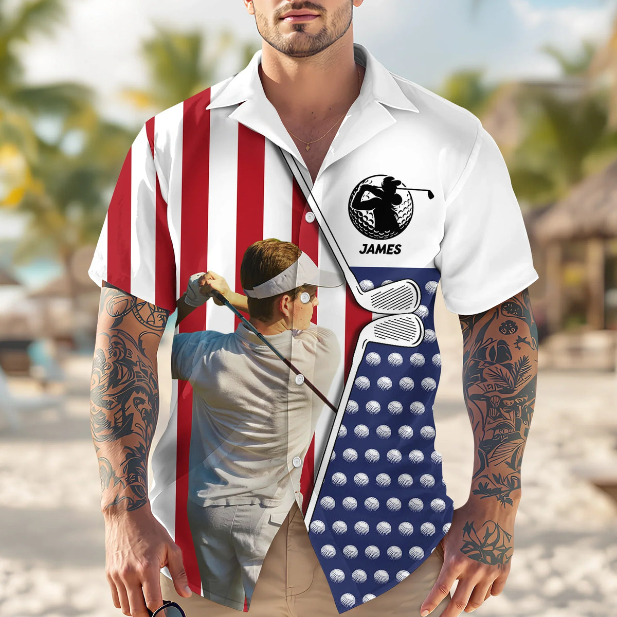 BlueJose Custom Photo And Name Golf USA Flag Pattern Hawaii Shirt